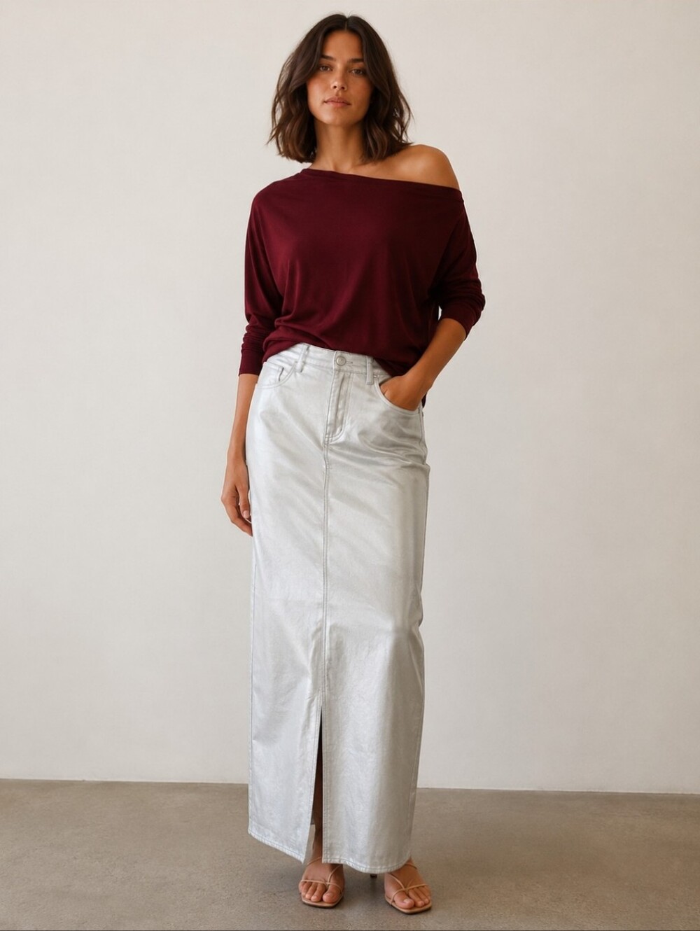 WAYF Metallic Silver Faux Leather Maxi Pencil Skirt